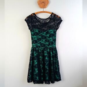 Vtg Wet Seal Green Black Lace Skater Dress Emo 00s Size Small